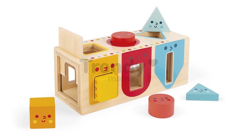 Drevená vkladačka Montessori Tvary Geometric Shapes Box Janod 6 farebných tvarov od 18 mes J05330