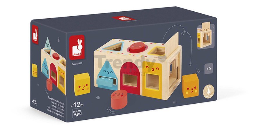 Drevená vkladačka Montessori Tvary Geometric Shapes Box Janod 6 farebných tvarov od 18 mes J05330