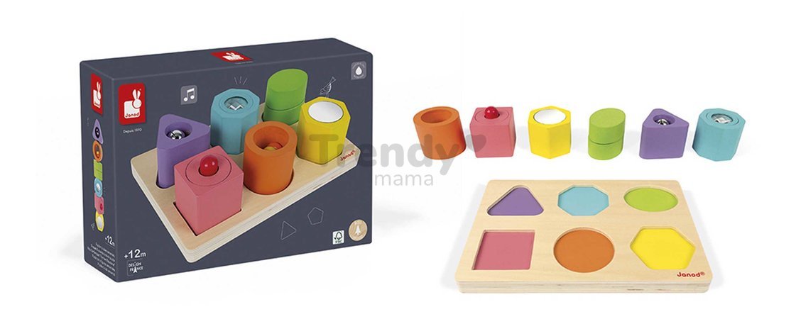 Drevená vkladačka Tvary a zvuky I Wood Shapes & Sounds Janod 7 dielov od 12 mes J05332