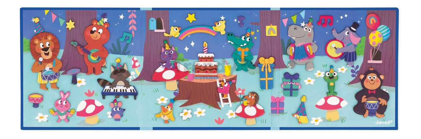 Magnetická kniha Narodeninová párty zvieratká The Animal Party Magnetistories Janod 30 magnetiek J05455