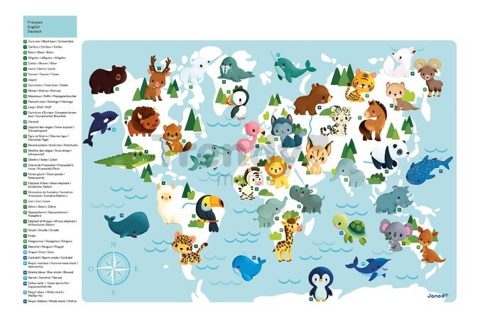 Magnetická hra Mapa sveta Zvieratká My Minikids Magnetic Puzzle Janod 40 magnetiek od 24 mes J05468