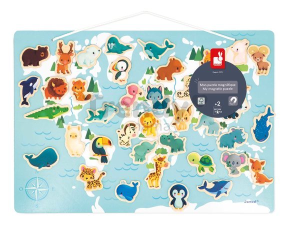 Magnetická hra Mapa sveta Zvieratká My Minikids Magnetic Puzzle Janod 40 magnetiek od 24 mes J05468