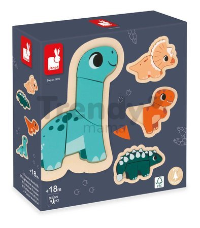 Drevené vkladacie puzzle Dinosaury 4v1 Dino Progressive Puzzle Janod 2-3-4-5 dielov od 18 mes