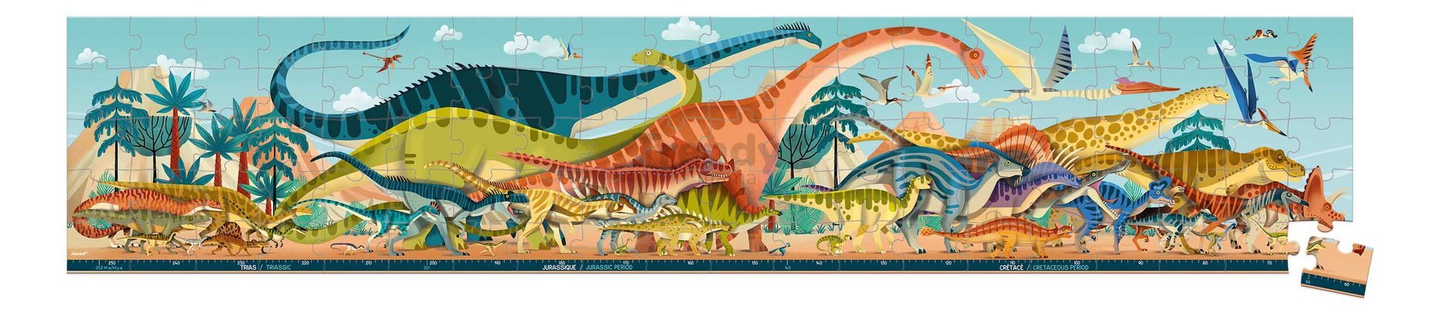 Puzzle v kufríku Dinosaury Dino Panoramic Puzzle Janod panoramatické 100 dielov od 6 rokov