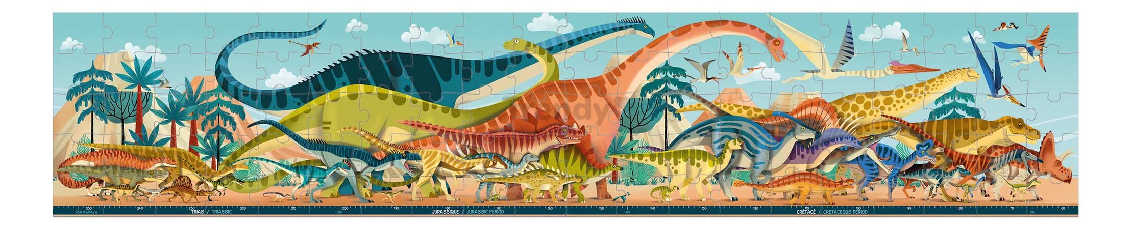 Puzzle v kufríku Dinosaury Dino Panoramic Puzzle Janod panoramatické 100 dielov od 6 rokov