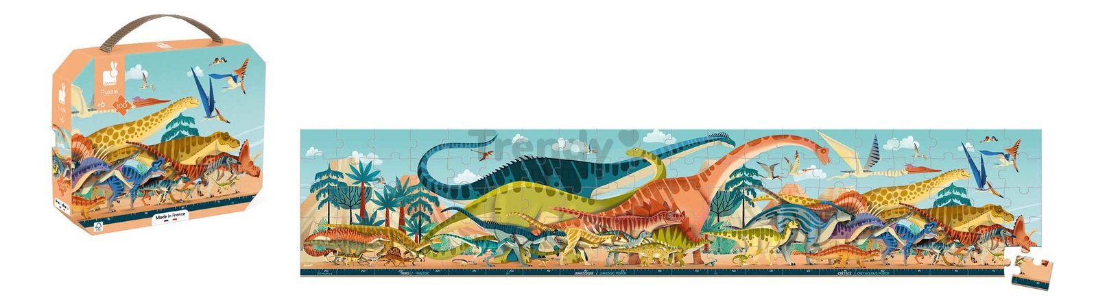 Puzzle v kufríku Dinosaury Dino Panoramic Puzzle Janod panoramatické 100 dielov od 6 rokov