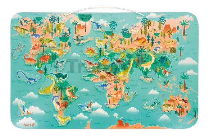 Magnetická hra Mapa sveta Dinosaury Magnetic Dino Planisphere Janod 50 magnetiek od 7 rokov J05836
