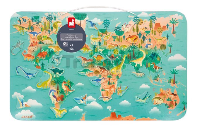 Magnetická hra Mapa sveta Dinosaury Magnetic Dino Planisphere Janod 50 magnetiek od 7 rokov J05836