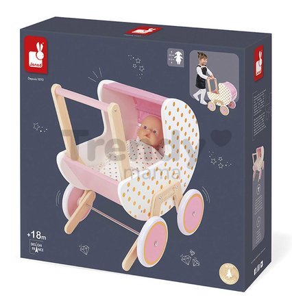 Drevený kočík pre bábiku Candy Chic Doll's Pram Janod pre 42 cm bábiku od 18 mes J05886