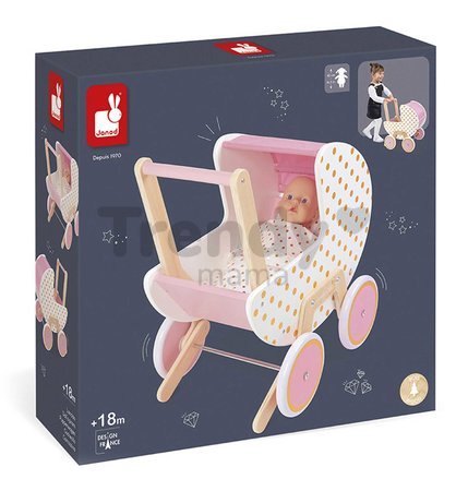 Drevený kočík pre bábiku Candy Chic Doll's Pram Janod pre 42 cm bábiku od 18 mes J05886