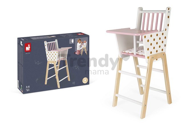 Drevená jedálenská stolička pre bábiku Candy Chic High Chair Janod s vankúšikom pre 42 cm bábiku J05888