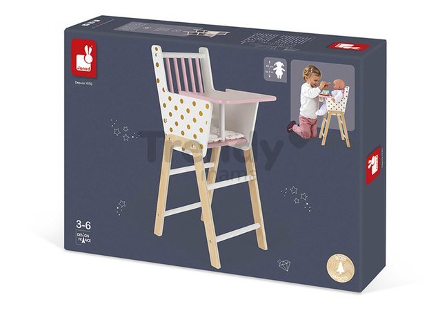 Drevená jedálenská stolička pre bábiku Candy Chic High Chair Janod s vankúšikom pre 42 cm bábiku J05888
