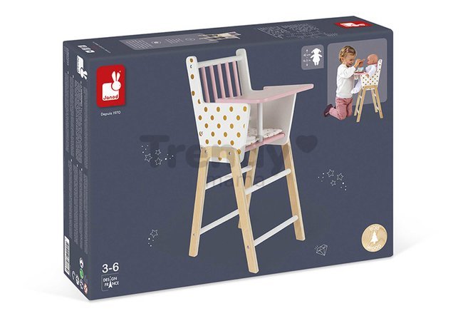 Drevená jedálenská stolička pre bábiku Candy Chic High Chair Janod s vankúšikom pre 42 cm bábiku J05888