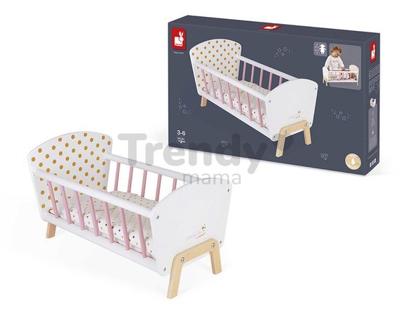 Drevená postieľka pre bábiku Candy Chic Doll's Bed Janod s vankúšikom a perinkou pre 42 cm bábiku J05889