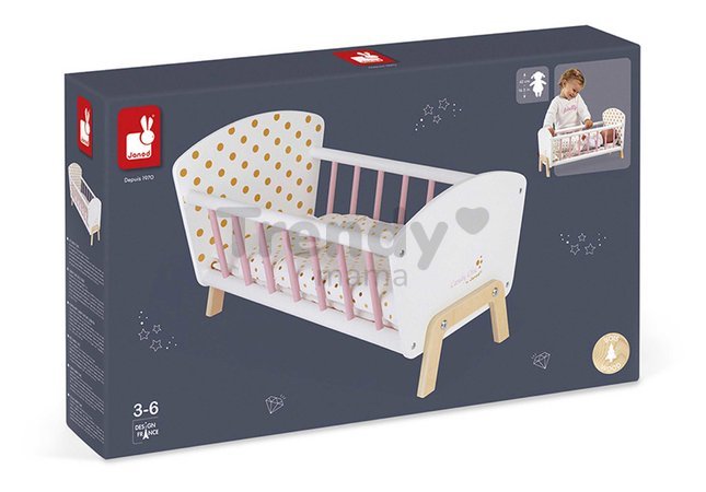 Drevená postieľka pre bábiku Candy Chic Doll's Bed Janod s vankúšikom a perinkou pre 42 cm bábiku J05889
