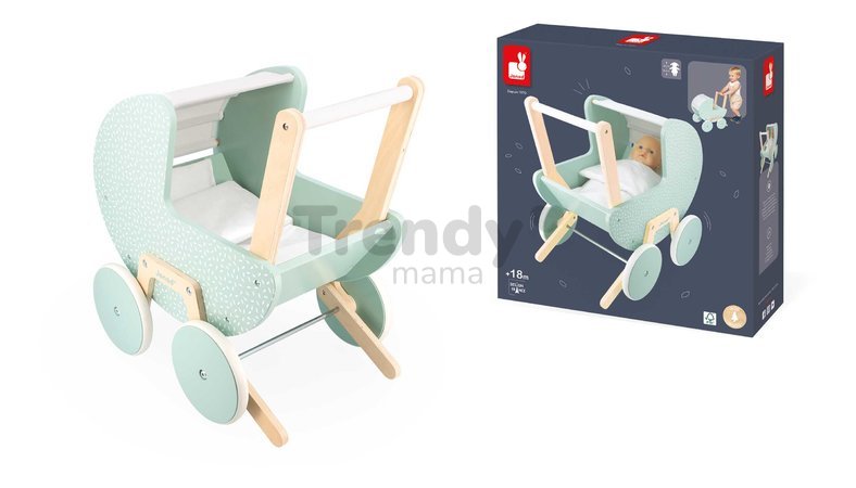 Drevený kočík pre bábiku Zen Doll's Pram Janod s vankúšikom a perinkou pre 42 cm bábiku od 18 mes J05900