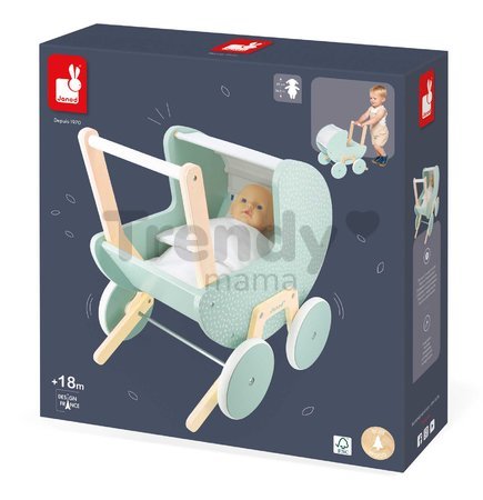 Drevený kočík pre bábiku Zen Doll's Pram Janod s vankúšikom a perinkou pre 42 cm bábiku od 18 mes J05900