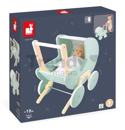 Drevený kočík pre bábiku Zen Doll's Pram Janod s vankúšikom a perinkou pre 42 cm bábiku od 18 mes J05900