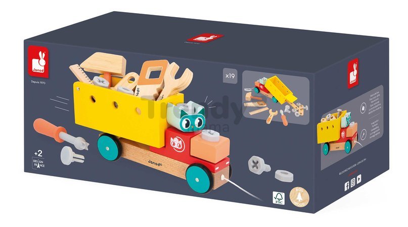Drevená stavebnica autíčko na ťahanie Pull Along DIY Truck BricoKids Janod s náradím od 24 mes J06451