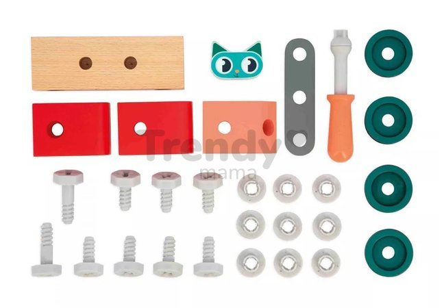 Drevená stavebnica auto s náradím Mačka DIY Car Cat BricoKids Janod 28 dielov od 24 mes J06452
