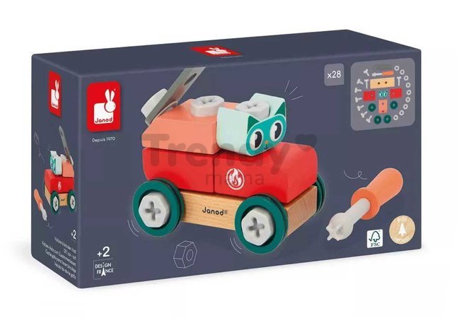 Drevená stavebnica auto s náradím Mačka DIY Car Cat BricoKids Janod 28 dielov od 24 mes J06452