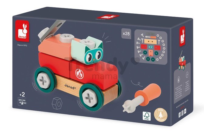 Drevená stavebnica auto s náradím Mačka DIY Car Cat BricoKids Janod 28 dielov od 24 mes J06452