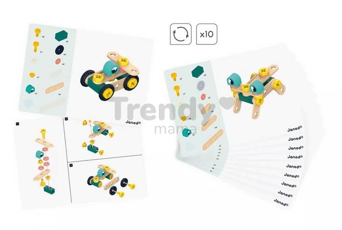 Drevená stavebnica Barrel BricoKids Janod s predlohami a náradím 50 dielov J06453
