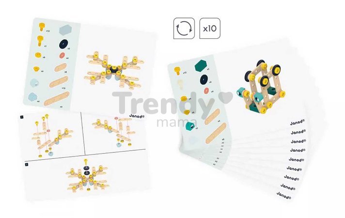 Drevená stavebnica Barrel BricoKids Janod s predlohami a náradím 100 dielov J06454