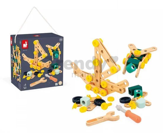 Drevená stavebnica Barrel BricoKids Janod s predlohami a náradím 100 dielov J06454
