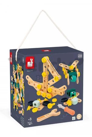 Drevená stavebnica Barrel BricoKids Janod s predlohami a náradím 100 dielov J06454