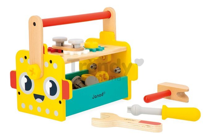 Drevené náradie a stavebnica Robot Tool Box BricoKids Janod v prenosnom boxe 30 dielov J06455