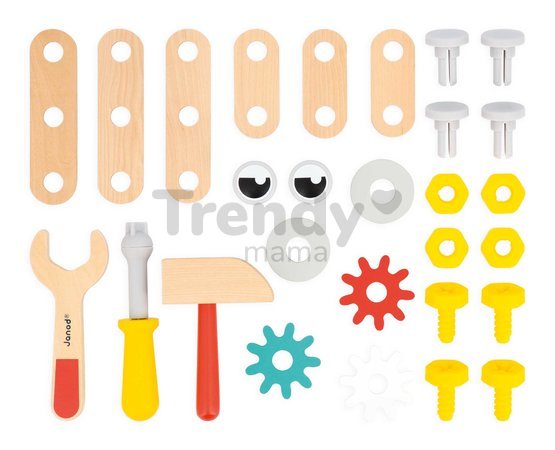 Drevené náradie a stavebnica Robot Tool Box BricoKids Janod v prenosnom boxe 30 dielov J06455