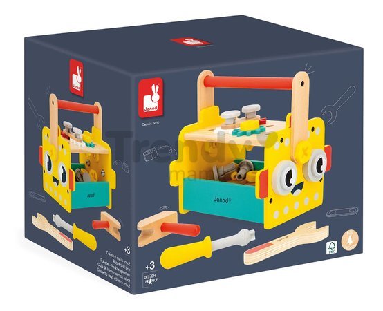 Drevené náradie a stavebnica Robot Tool Box BricoKids Janod v prenosnom boxe 30 dielov J06455