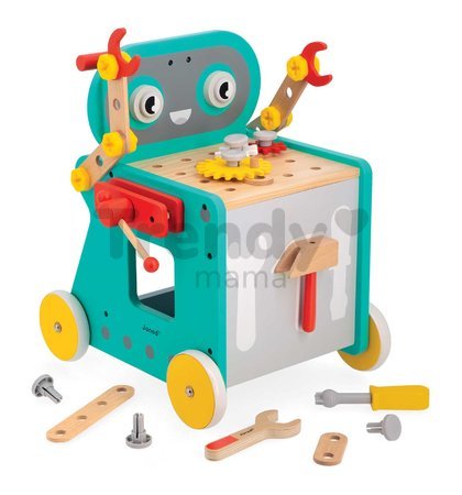 Drevené chodítko a vozík s náradím Robot Trolley BricoKids Janod 38 dielov od 18 mes J06456