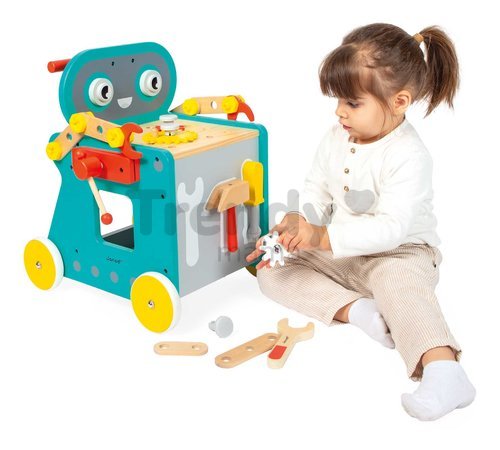 Drevené chodítko a vozík s náradím Robot Trolley BricoKids Janod 38 dielov od 18 mes J06456