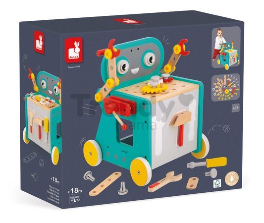 Drevené chodítko a vozík s náradím Robot Trolley BricoKids Janod 38 dielov od 18 mes J06456