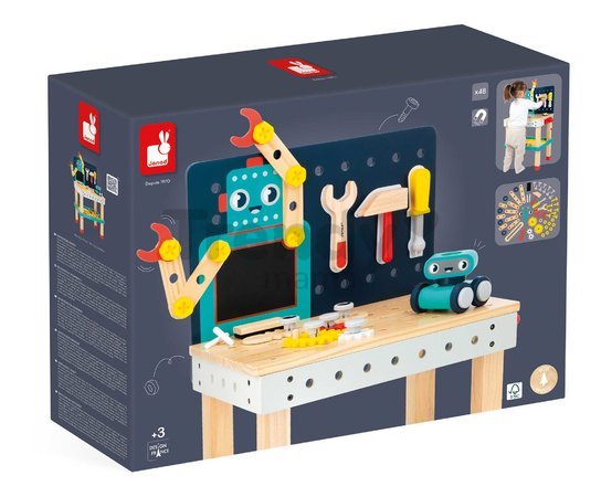 Drevená detská dielňa a náradie Big Robot DIY Workbench BricoKids Janod 60 dielov J06457
