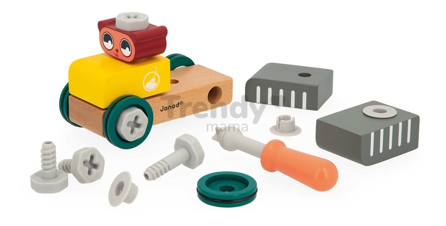 Drevená stavebnica auto s náradím Medveď DIY Car Bear BricoKids Janod 25 dielov od 24 mes J06458