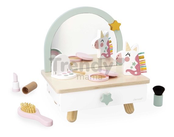 Drevený kozmetický stolík Jednorožec Small Dressing Table Unicorn Janod so zrkadlom 7 doplnkov