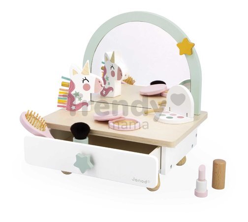 Drevený kozmetický stolík Jednorožec Small Dressing Table Unicorn Janod so zrkadlom 7 doplnkov