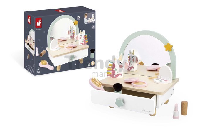 Drevený kozmetický stolík Jednorožec Small Dressing Table Unicorn Janod so zrkadlom 7 doplnkov