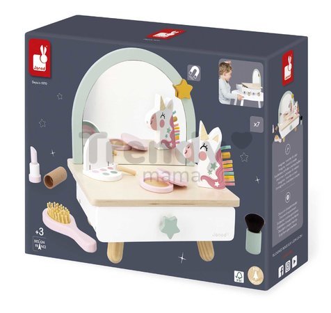 Drevený kozmetický stolík Jednorožec Small Dressing Table Unicorn Janod so zrkadlom 7 doplnkov