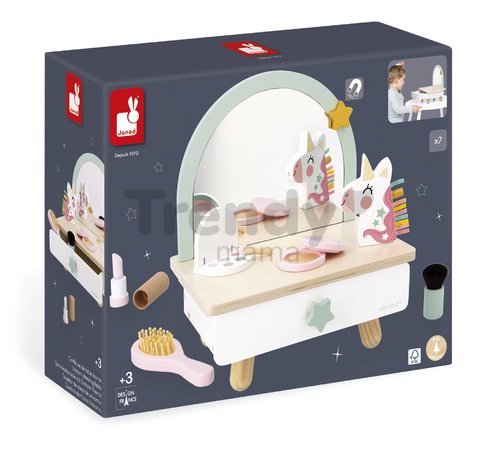 Drevený kozmetický stolík Jednorožec Small Dressing Table Unicorn Janod so zrkadlom 7 doplnkov