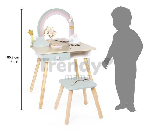 Drevený kozmetický stolík Jednorožec Dressing Table Unicorn Janod so stoličkou 10 doplnkov