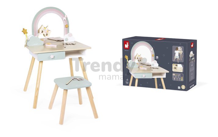 Drevený kozmetický stolík Jednorožec Dressing Table Unicorn Janod so stoličkou 10 doplnkov