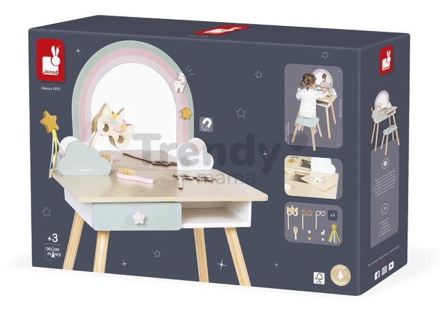 Drevený kozmetický stolík Jednorožec Dressing Table Unicorn Janod so stoličkou 10 doplnkov