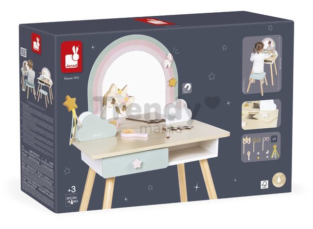 Drevený kozmetický stolík Jednorožec Dressing Table Unicorn Janod so stoličkou 10 doplnkov