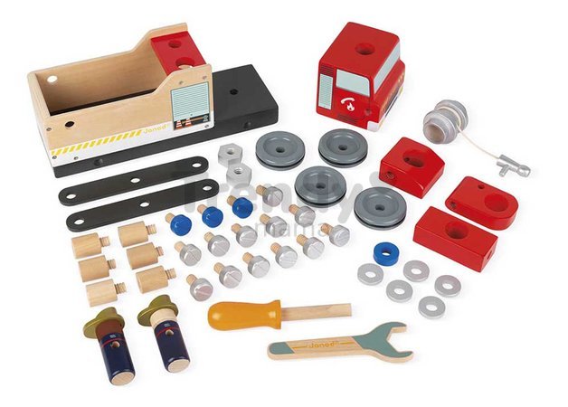 Drevené auto a stavebnica Hasiči DIY Fire Truck BricoKids Janod 45 dielov J06469