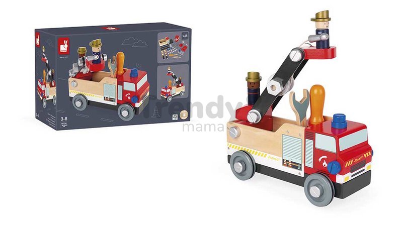 Drevené auto a stavebnica Hasiči DIY Fire Truck BricoKids Janod 45 dielov J06469