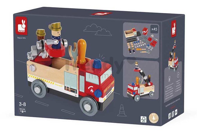Drevené auto a stavebnica Hasiči DIY Fire Truck BricoKids Janod 45 dielov J06469